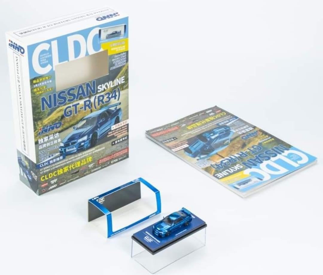 Inno64 X CLDC Nissan Skyline R34 In Full Chrome Blue Carbon - Chinese Magazine Version