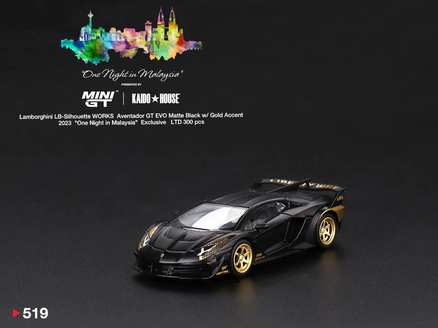 MINI GT Grail MDX23 One night in Malaysia Dinner Exclusive #519 Lamborghini LB-Silhouette WORKS Aventador GT EVO Matte Black w/ Gold