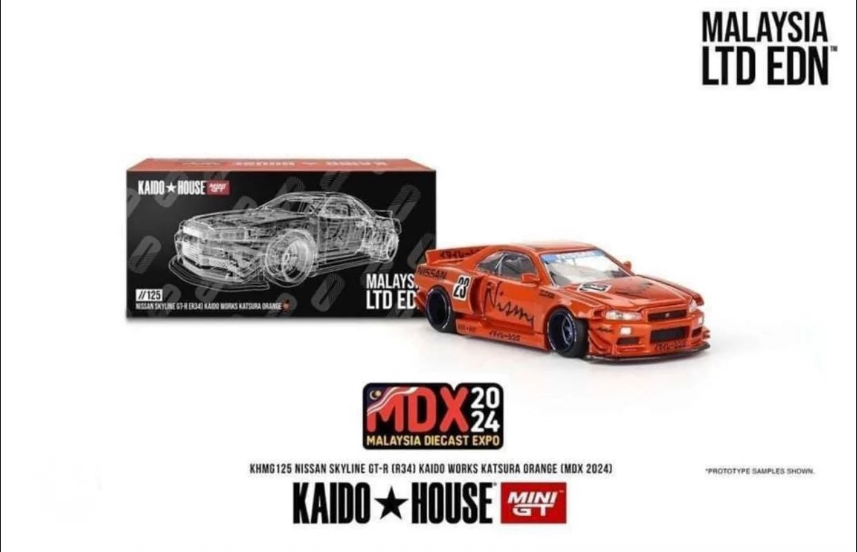 Mini GT x Kaido House MDX 2024 #125 Nissan Skyline GT-R (R34) Kaido Works Katsura Orange LTD EDN