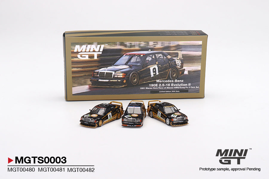 Mini GT MGTS0003 – Mercedes-Benz 190E 2.5-16 Evolution II 1991 Macau Guia Race of Macau AMG/Zung Fu 3 Cars Set