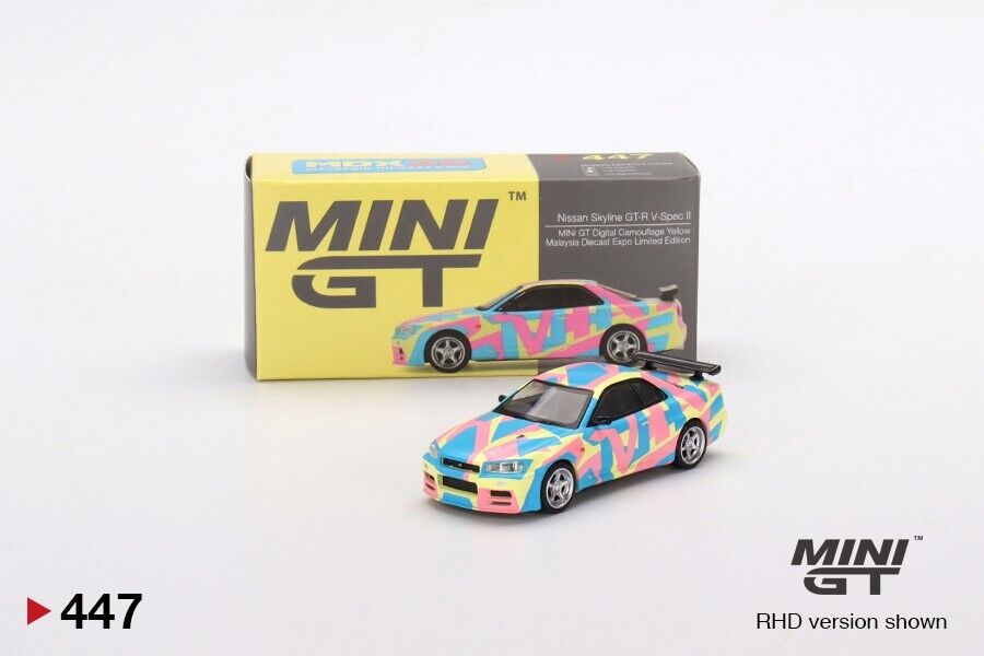 MiniGT Nissan Skyline GT-R R34 V-Spec II Digital Camouflage Yellow