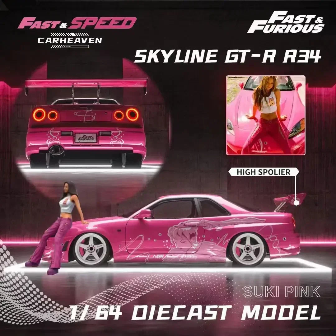 Fast & Speed Nissan Skyline R34 GTR Pink Fast & Furious Suki Livery with figure