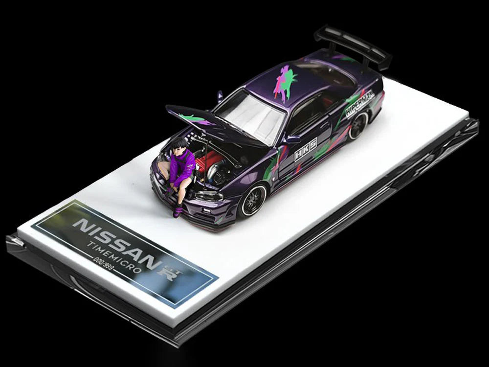 Time Micro Nissan Skyline R34 GTR HKS Livery Purple with figure
