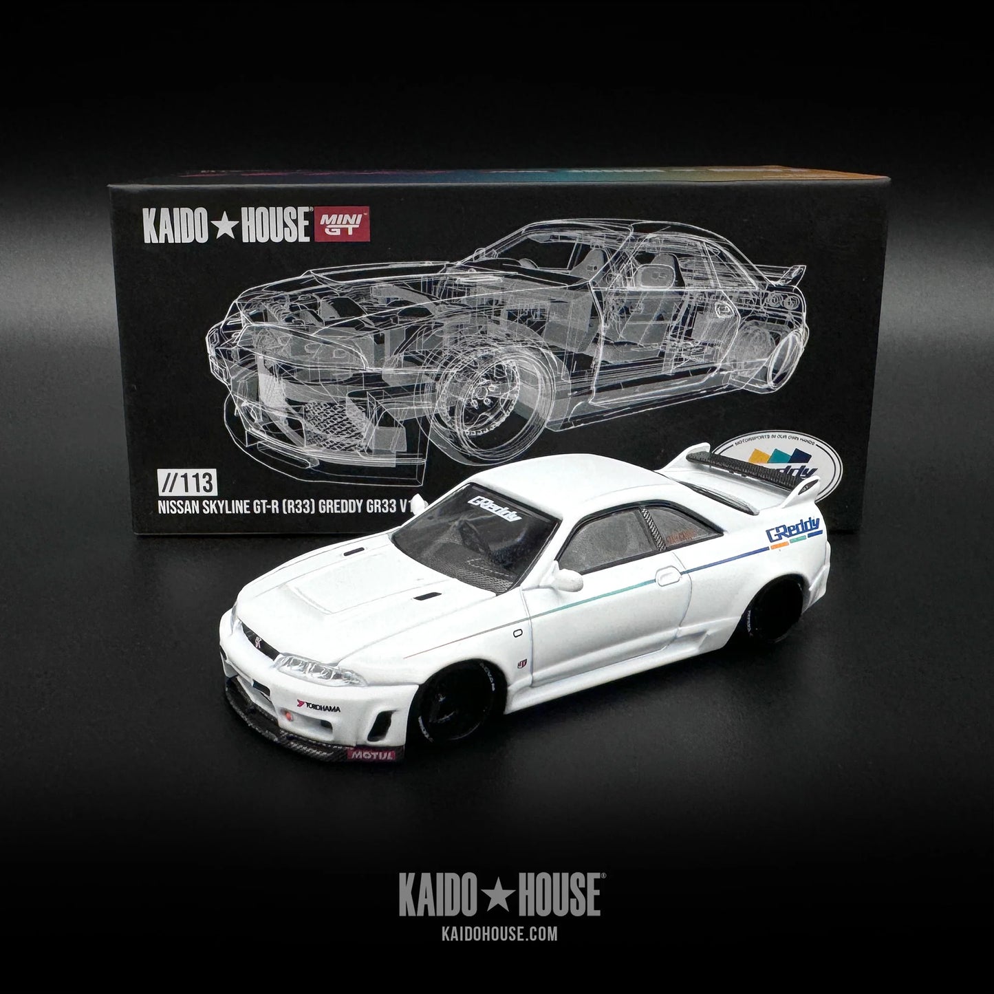 Kaido House x Mini GT Nissan GT-R (R33) Greddy GR33 V1 White KHMG113